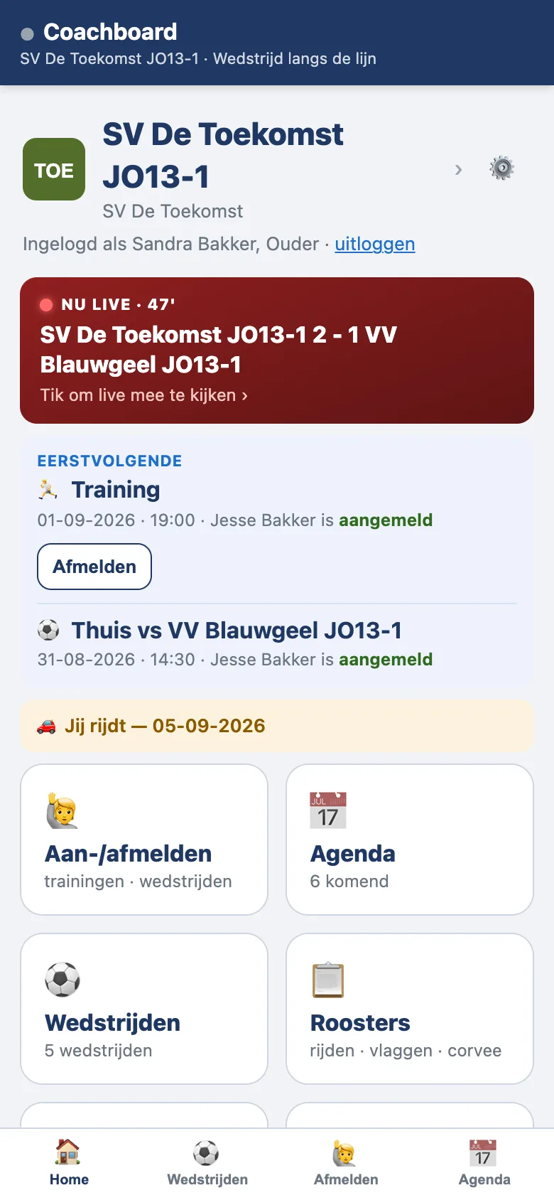 Ouderscherm met live-balk, aanmeldstatus met afmeldknop en de melding dat jij rijdt