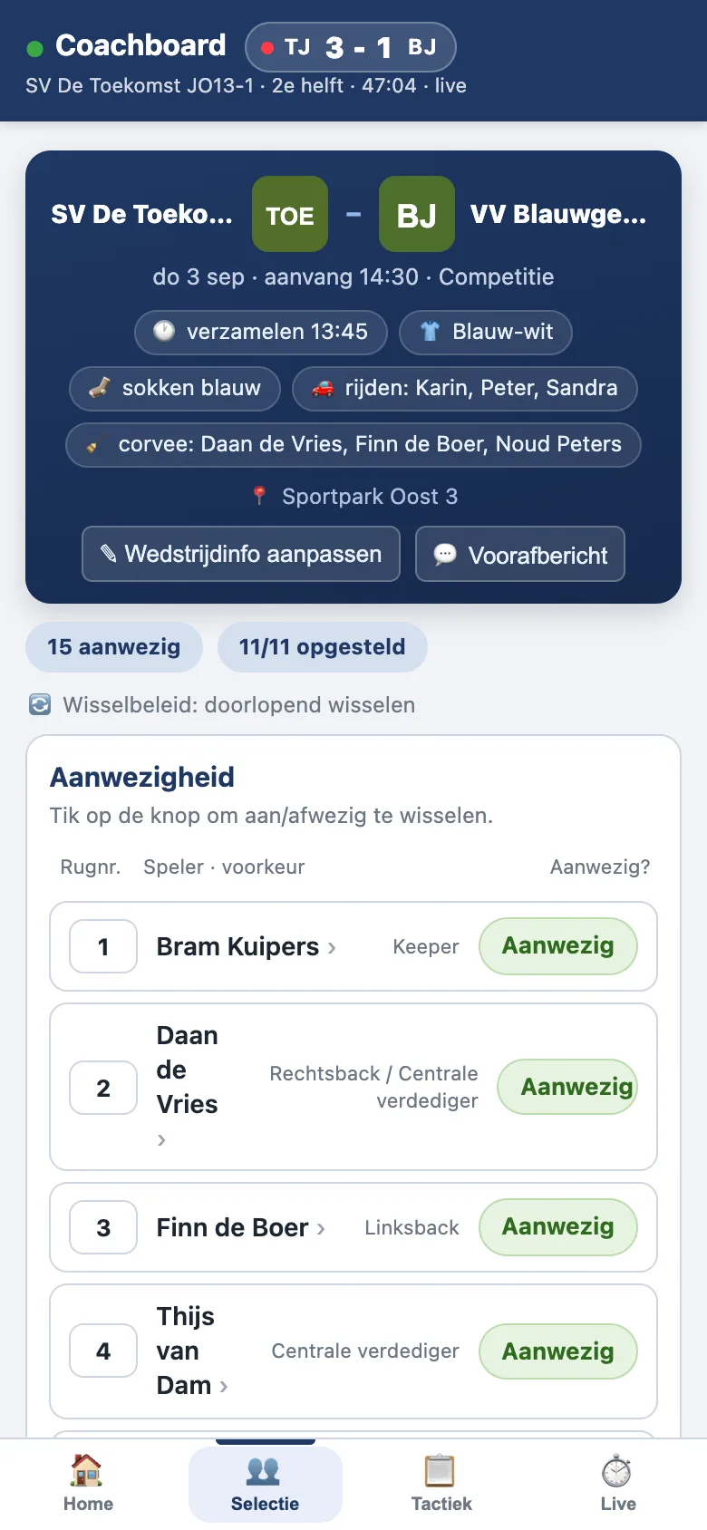 Wedstrijdvoorbereiding met verzameltijd, tenue, taken en aanwezigheid